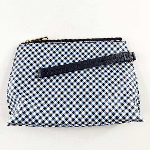 Talbots Leather Gingham Print Zip Top Pouch Wristlet Wallet Blue White - Picture 2 of 6